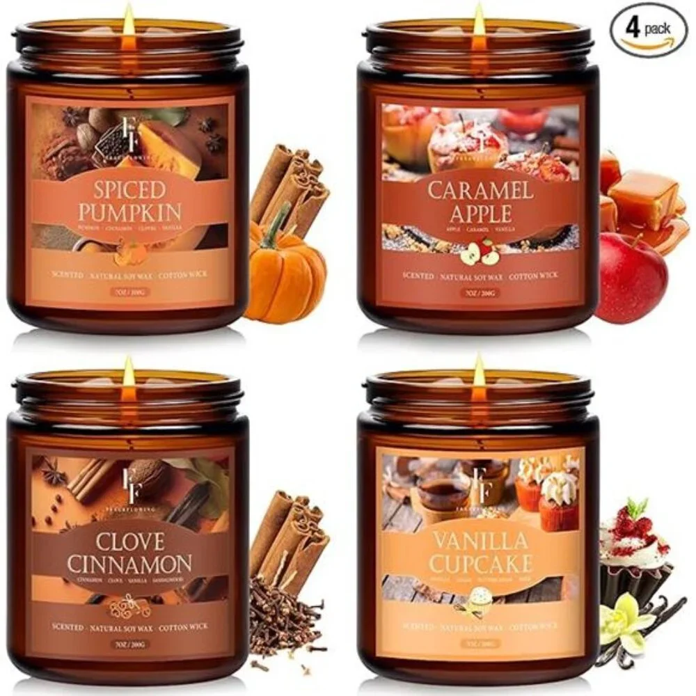 Fall Candle Set 4 Pack Scented Soy Wax Autumn Home Decor Pumpkin Cinnamon Vanill